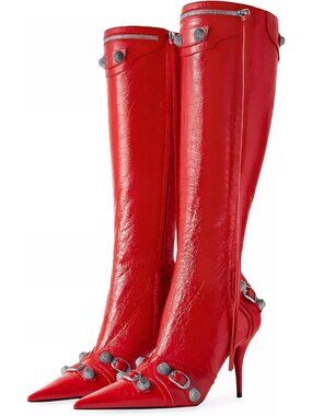 Women's Red Fashion Slide Zipper Pointed Toe Studded Heels Rivets Tassel Boots